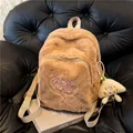 Plush camel faux fur backpack for women featuring pink heart embroidery and cute charm - No Pendant / Khaki