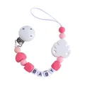 Baby pacifier clip with silicone beads, leaf charm and BABY letters in pink and white - White