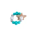 Baby teething ring with teal and marble silicone beads and natural beech wood star - Lake Blue