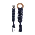 Handgefertigtes Set aus marineblauer Makramee-Schnullerkette und Buchenholzring - Marineblau