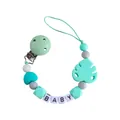 Mint green silicone baby pacifier clip with leaves and baby letter beads on white background - Mint Green
