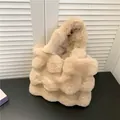 Plush faux fur tote bag in beige with wavy fluffy texture and soft handle - Khaki
