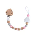 Baby pacifier clip with beech wood leaf clasp and pink silicone beads for teething - White