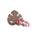 Pink and white silicone bead pacifier chain with monstera leaf wooden teether - Teething Gelatin / Pink