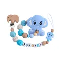 Blue elephant silicone teether with wooden pacifier clip and BABY letter beads - Teether Pacifier Chain Set / Blue
