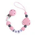 Baby pacifier clip with pink and grey silicone beads, leaf teether, and BABY name detail - Pink