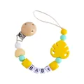 Silicone and wood baby pacifier clip with yellow leaf and white 'BABY' letter beads - Yellow