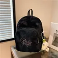 Black plush backpack with pink heart embroidery, glitter faux fur and chick charm - No Pendant / Black