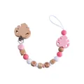 Pink and white silicone baby pacifier clip with beech wood beads and leaf clip - Pacifier Clip / Pink