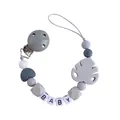 Silicone baby pacifier clip with gray leaf and purple beads featuring BABY letters - Gray