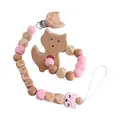 Attache-tétine en silicone rose et hêtre avec anneau de dentition renard et perles BABY - Anneau de Dentition Et Attache Sucette Ensemble / Ensemble de Bijoux Rose