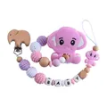 Pink elephant pacifier clip with beech wood and silicone beads for baby teething toy - Teether Pacifier Chain Set / Purple
