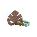 Baby teething ring with beech wood monstera leaf and multicolored silicone beads - Teething Gelatin / Avocado Green