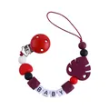 Silicone and wood baby pacifier clip with red and black beads and BABY letter beads - Burgundy