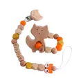 Set d'anneau de dentition renard en hêtre et silicone avec perles orange et gravure - Anneau de Dentition Et Attache Sucette Ensemble / Ensemble Orange