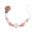 Pink and white silicone pacifier clip with beech wood clasp and a white flower bead - White