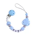 Blue silicone pacifier clip with baby letter beads and leaf charm for infants - Blue