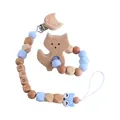 Perles en silicone bleu ciel et attache-tétine renard en bois de hêtre pour bébé - Anneau de Dentition Et Attache Sucette Ensemble / Bleu Set