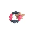 Silicone and beech wood star teether ring with pink and dark grey beads for babies - Deep Pink