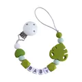 Silicone pacifier clip with green leaf beads and baby name letters in white and mint - Avocado Green