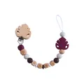 Customizable beech wood baby pacifier clip with purple silicone beads and leaf pendant - Pacifier Clip / Burgundy