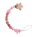 Pink silicone baby pacifier clip with beech wood stars and BABY letter beads - Pink