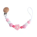 Pink silicone and beech wood pacifier clip with crochet beads and flower charm - Pink