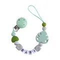 Baby pacifier clip with mint green silicone beads and forest leaf design in white background - Light Green