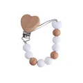 Handmade beech wood and white silicone bead pacifier clip with a heart-shaped clamp - White