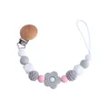 Beechwood and silicone pacifier clip with grey crochet beads and rose floral charms - Gray