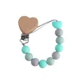 Baby pacifier clip with mint green and grey silicone beads and beech wood heart clamp - Mint Green