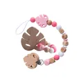 Pink and white silicone baby pacifier clip with beech wood leaves and BABY beads - Set / Pink