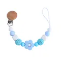 Sky blue and white silicone pacifier clip with beech wood clasp and crochet beads - Blue