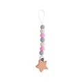 Pink and grey crochet bead pacifier clip with wooden star and metal clasp fastener - Gray