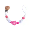 Baby pacifier clip with beech wood, pink silicone rose, and crochet beads on white background - Rose Red