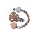 Baby pacifier clip with beech wood beads, grey silicone leaf teether, and custom name detail - Set / Gray