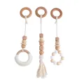 DIY baby beech wood teether rings with cotton tassels and smiling face beads - Triple Hanging Ornament (White Cotton Cord Style) / White
