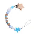 Blue and white star-shaped silicone pacifier clip with beech wood BABY letter beads - Blue