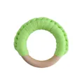 Natural wooden baby teething ring with green hand-knitted cotton rope grip toy - Grass Green