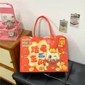Sac fourre-tout en feutre rouge avec imprimés festifs du Nouvel An et anses solides - Style Cheval de Dessin Animé avec Lingot d'Or