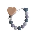 DIY beech wood and silicone baby pacifier clip with grey beads and a blue heart charm - Gray