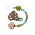 Silicone and beech wood baby pacifier clip with green leaves and BABY wood beads - Set / Avocado Green