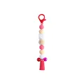 Pink and red beaded silicone keychain with smiley face wood bead, bells and tassel - Red