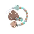 Baby pacifier clip with silicone beads, beech wood leaf teether, and BABY letter beads - Set / Light Green
