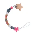 Pink and grey silicone star pacifier clip with wood BABY beads and star wooden clasp - Deep Pink
