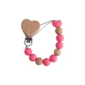 Handmade beech wood and pink silicone pacifier clip with heart shaped beads - Deep Pink