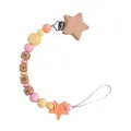Pink and yellow silicone pacifier clip with beech wood stars and BABY letter beads - Rose Pink