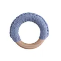 Handmade wooden baby teether ring with grey-blue cotton knit fabric for grip and relief - Gray