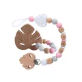 Pink and grey silicone baby pacifier clip with beech wood leaves and BABY letter beads - Set / White