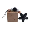 Star keychain with black yarn ball, wooden beads and leather star pendant charm - Black